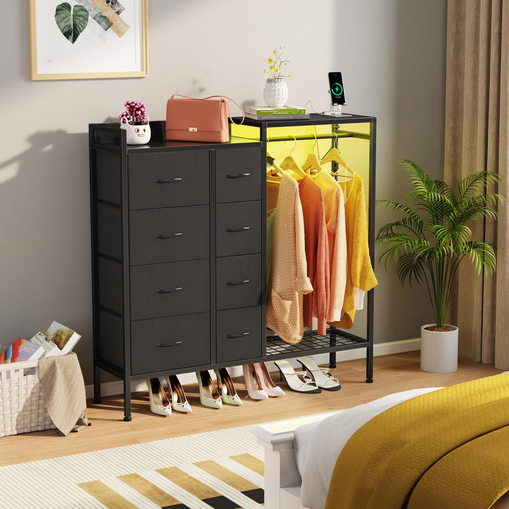 8-Drawer Dresser with Hanging Rack, Black, 11.8" D