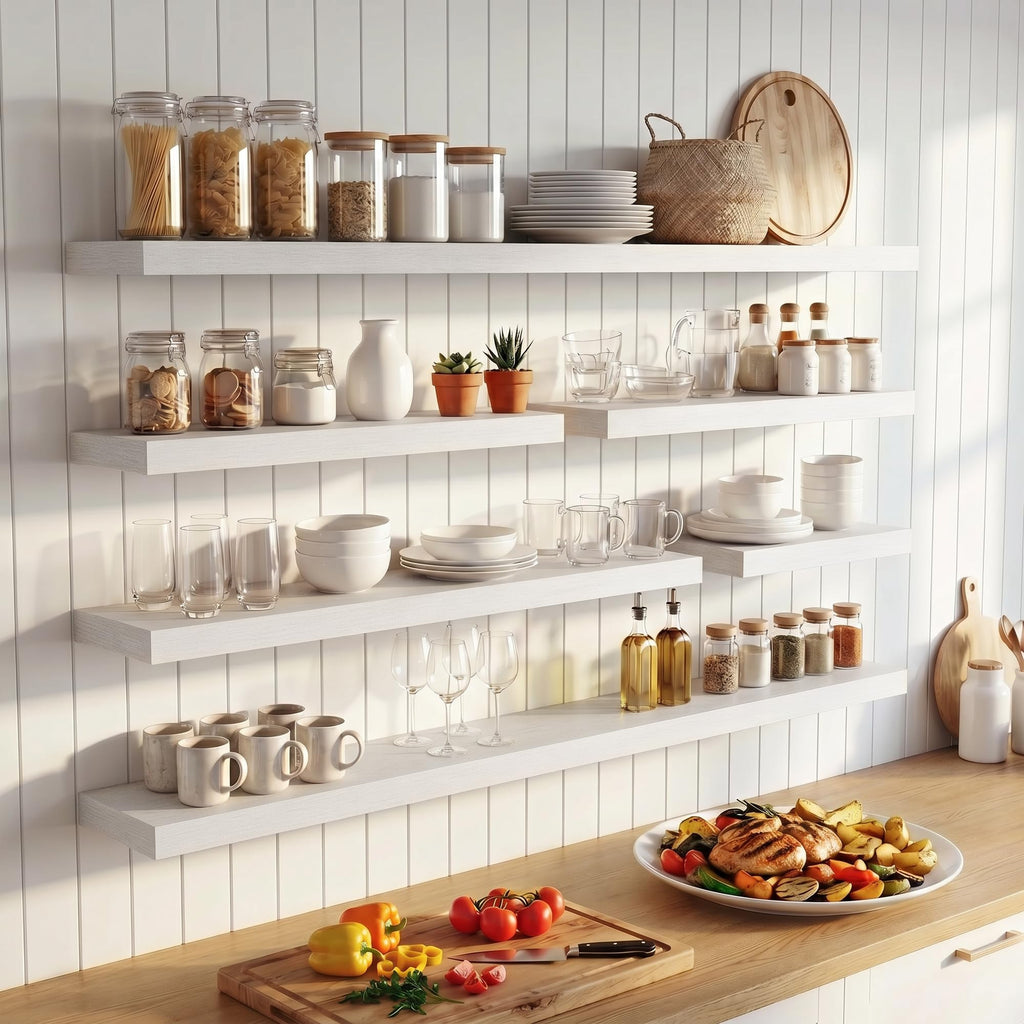 48 Inch Floating Shelves for Wall Set of 2, 6.5" D Wood Gra Shelves with Invisible Brackets, Easy Install Engineered