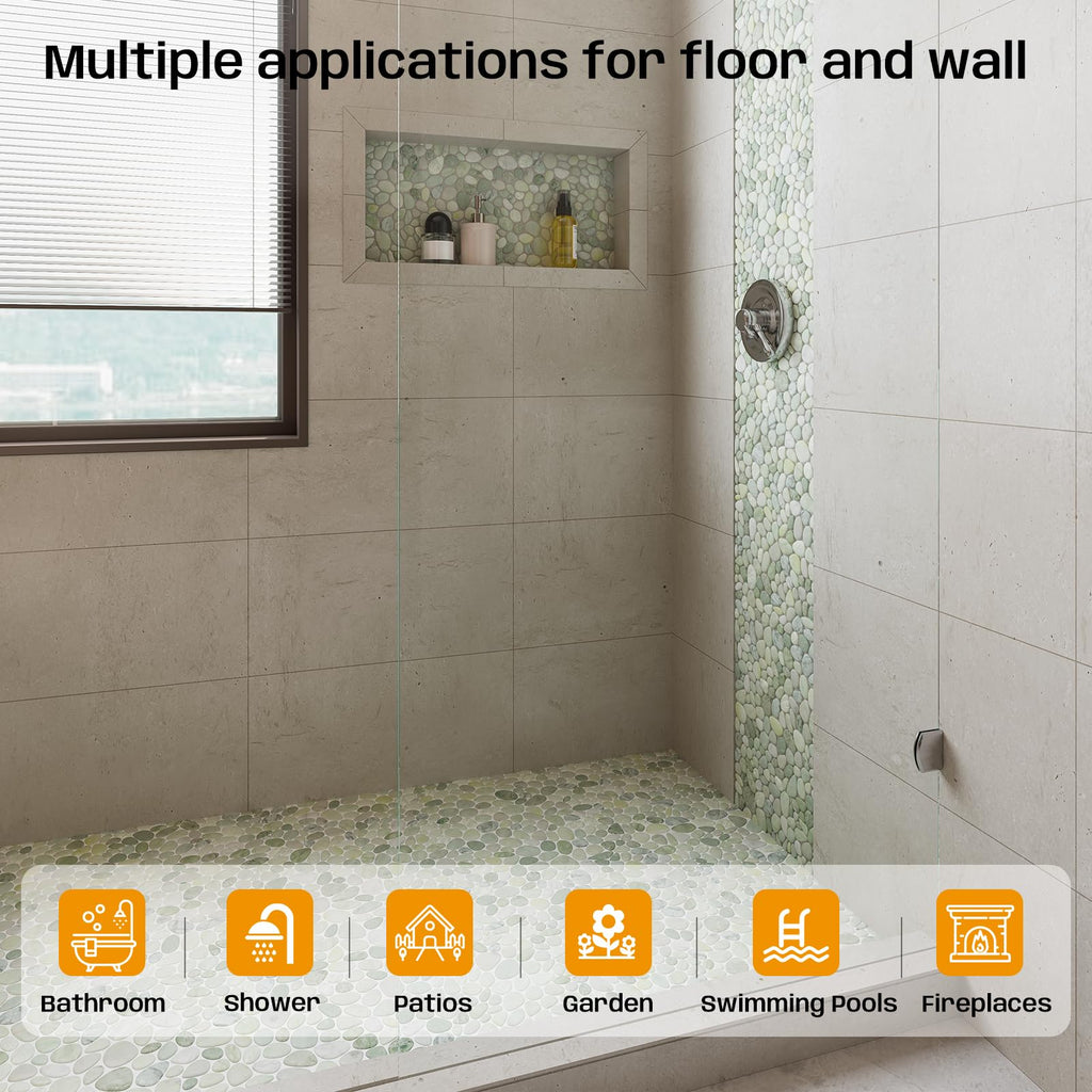Green Pebble Tile for Shower Floor, Stone Backsplash Tiles, 5 Pcs