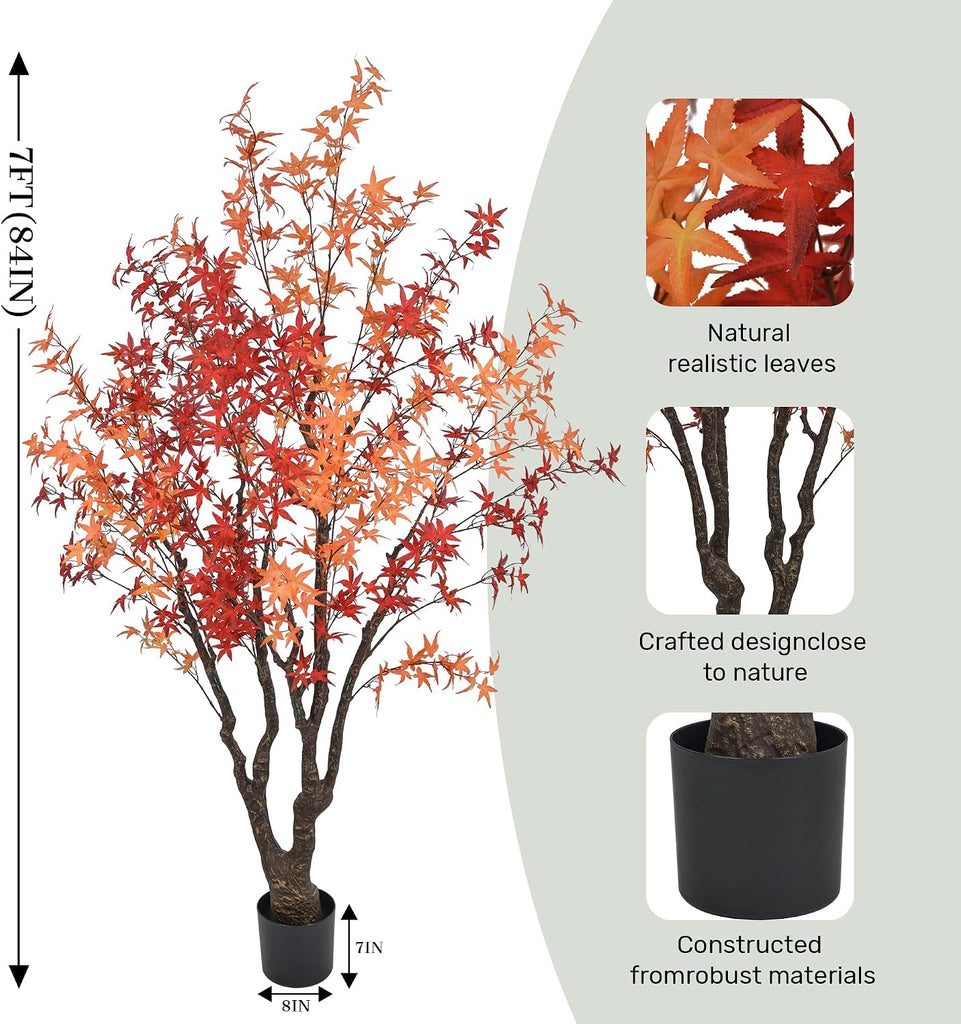 7FT Artificial Maple Tree, Large Faux Floor Plant with Red-Yellow Leaves & Realistic Trunk, 84 Inch Fake Autumn Maple