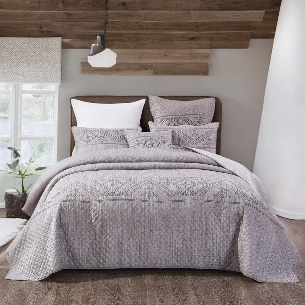 Twin 2-Piece Quilt Set, Heather Grey Embroidered Bedspread
