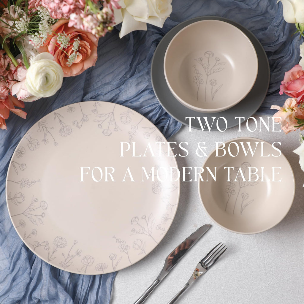 Lain Camelia 24-Piece Stoneware Dinnerware Set, Dinner Plates, Salad Plates & Bowls, Service for 8, Dishwasher &