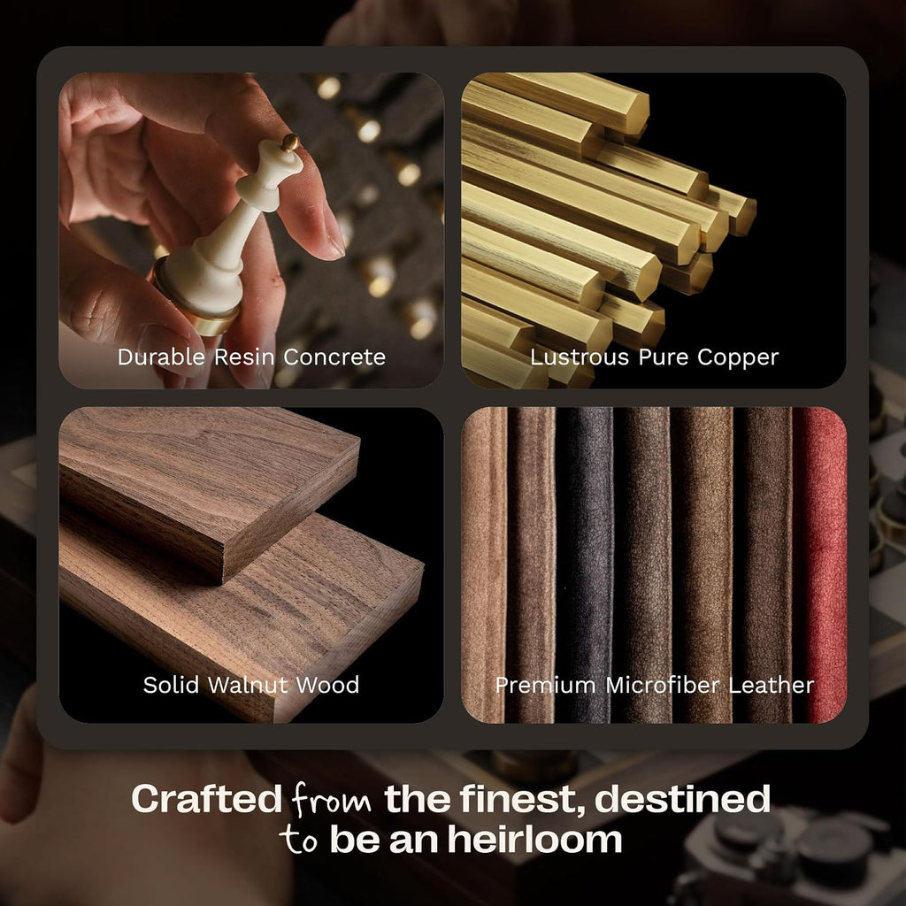 Luxury & Decorative Wooden Chess Set, Walnut Leather Chess Board with Weighted Chess Pieces, Unique Deluxe Wooden