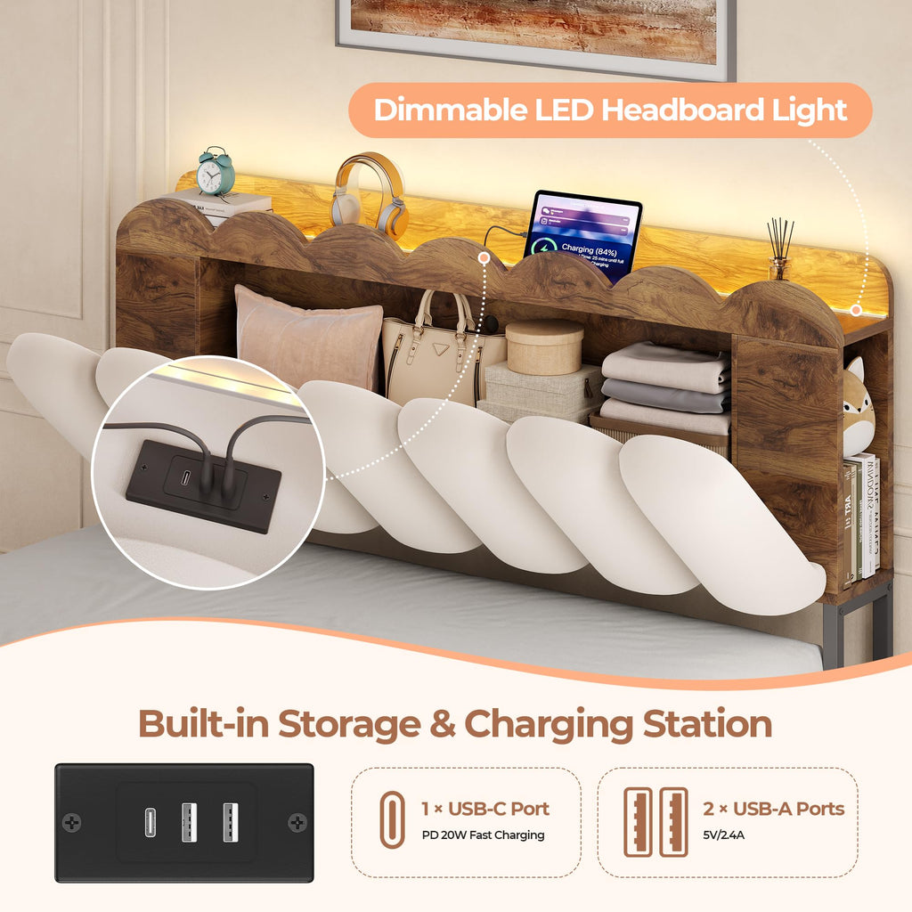 Bed Frame with 2 Storage Drawers, Charging Station & RGB LED Lights, Upholstered Storage Headboard, Cream White