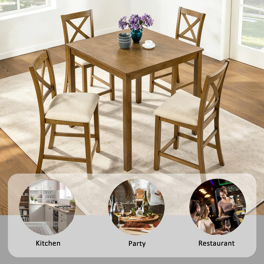 5-Piece Counter Height Dining Table Set for 4, Farmhouse Counter Height Kitchen Table with 4 Padded Chairs, Solid
