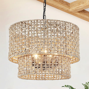 18.9" Boho Rattan Chandelier Light Fixture 5-Light Large Hand Woven Rustic Chandeliers Drum Wicker Farmhouse Hanging