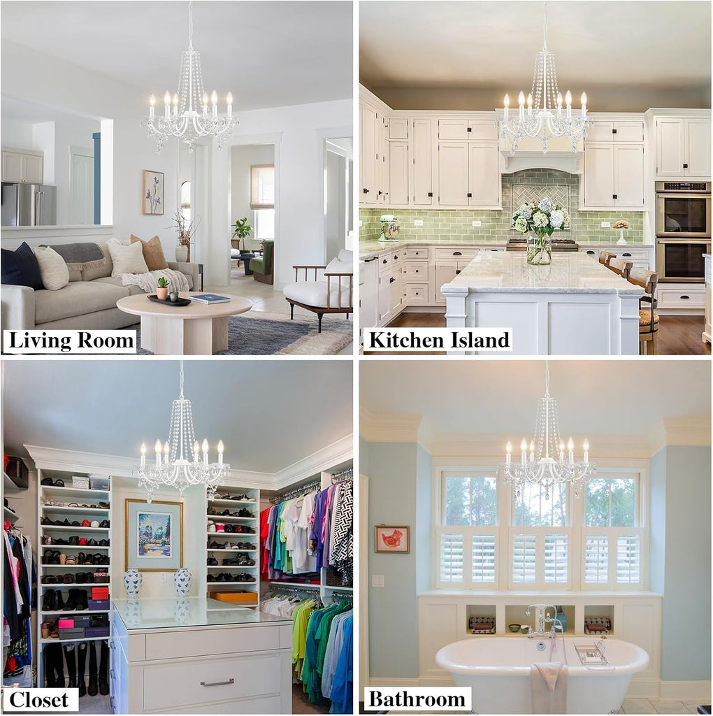 White Crystal Chandelier Plug-in Hanging Light, 6-Light with 15 ft Clear Cord