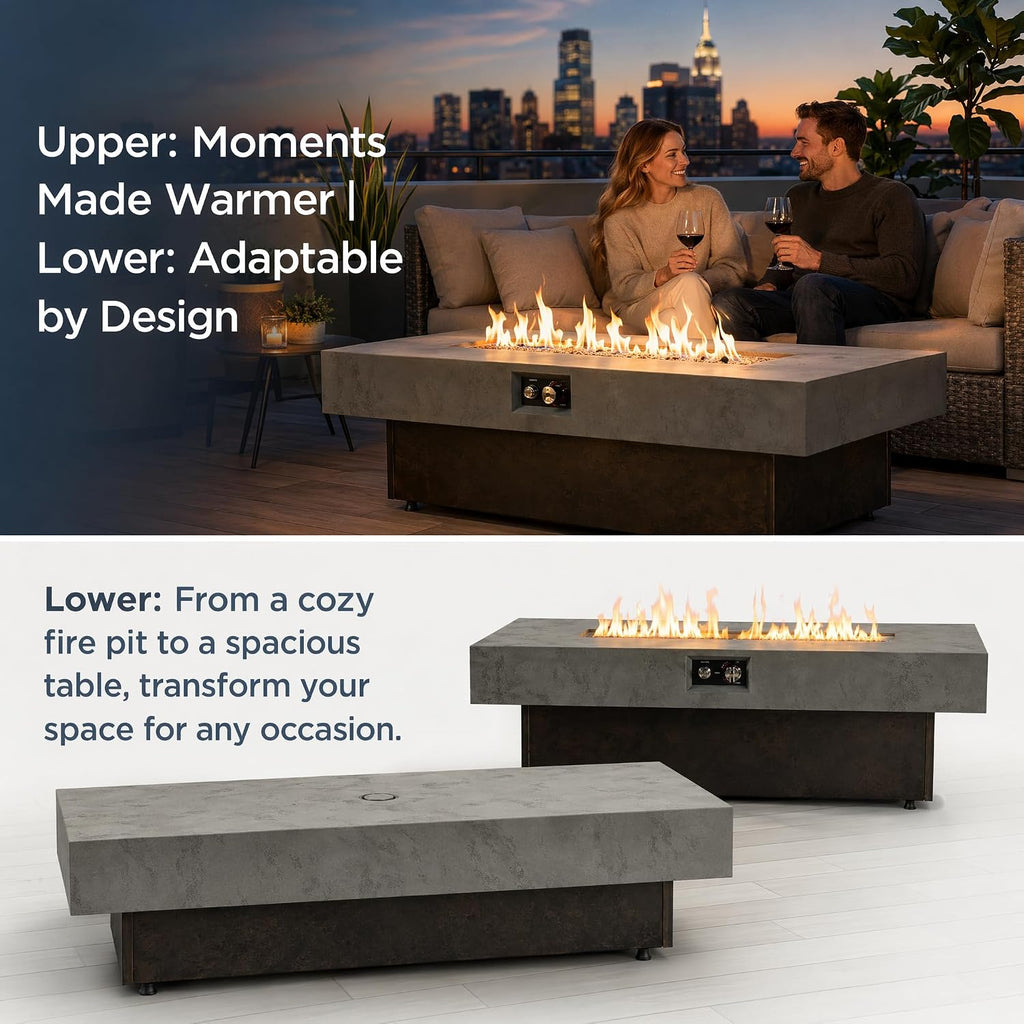 56" Fire Table 50000 BTU, Rectangle Outdoor Patio Heater | Brown & grey steel frame, 56x23x18 in, 3 heights