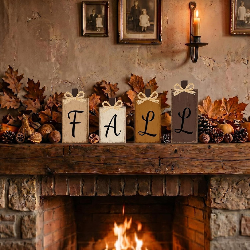 Fall Decorations Thanksgiving Neutral Brown Wooden Signs - Set of 4
