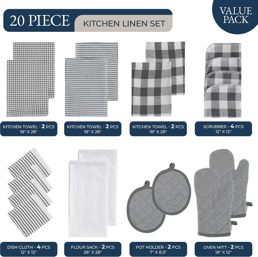 Kitchen Towels and Oven Mitt Set 20 Pc - Lint Free Cotton Dish Towels Drying, Cozy Terry Dish Rags, Flour Sack Towels