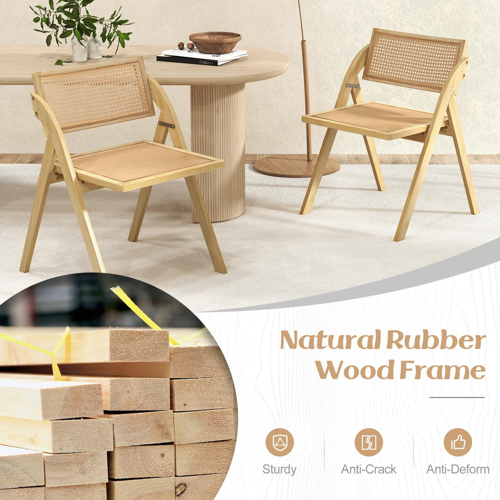 Folding Dining Chairs Set of 4, Wooden Folding Chair with Rattan Backrest & Seat, Sturdy Rubber Wood Frame, Armless