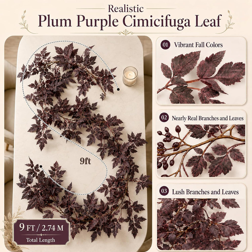 9FT Plum Cimicifuga Seeded Garland,Artificial Fall Leaf Garland for Mantel