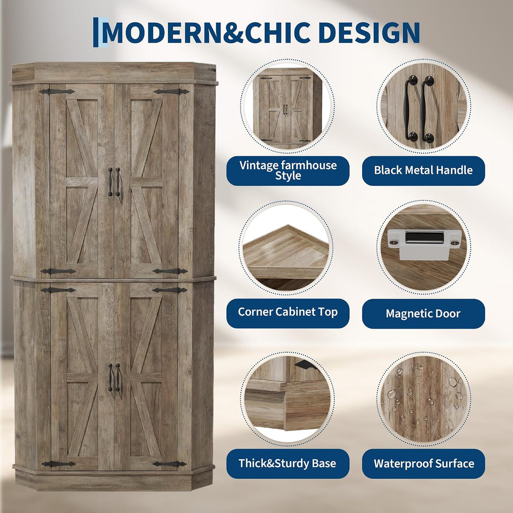 Farmhouse 71"Tall Corner Bar Cabinet,Heavy Duty Corner Kitchen Pantry Cabinet with 4 Doors&Shelves,Freestanding L