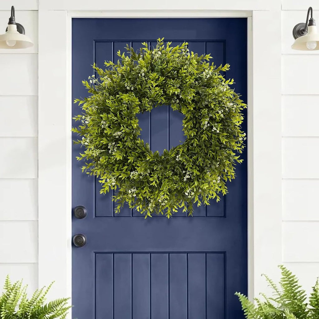 28'' Large Boxwood Wreath for Front Door Porch Window Artificial Boxwood Leaves with White Seed Greenery Outdoor