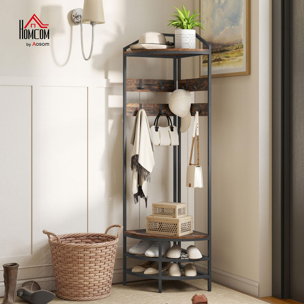Corner Hall Tree, 4-Tier Coat Rack with Shoe Storage, Rustic Brown