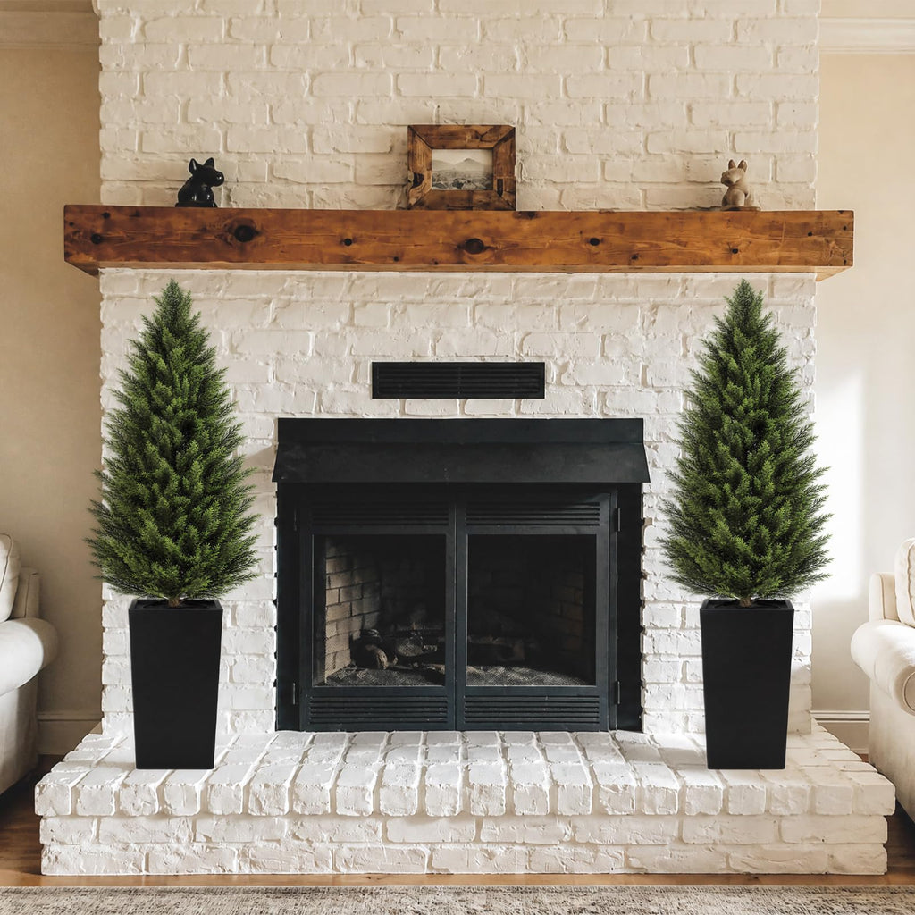 4FT Artificial Cedar Topiary Trees 2 Pack, Faux Cypress Plants with Black Square Planters, UV Resistant Outdoor