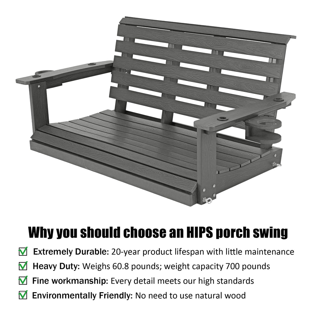 Poly Lumber 2-Seat Porch Swing, HIPS 4-Feet Bench Swing with Foldable Cup Holders, 18/8 Stainless Steel Hardware, High