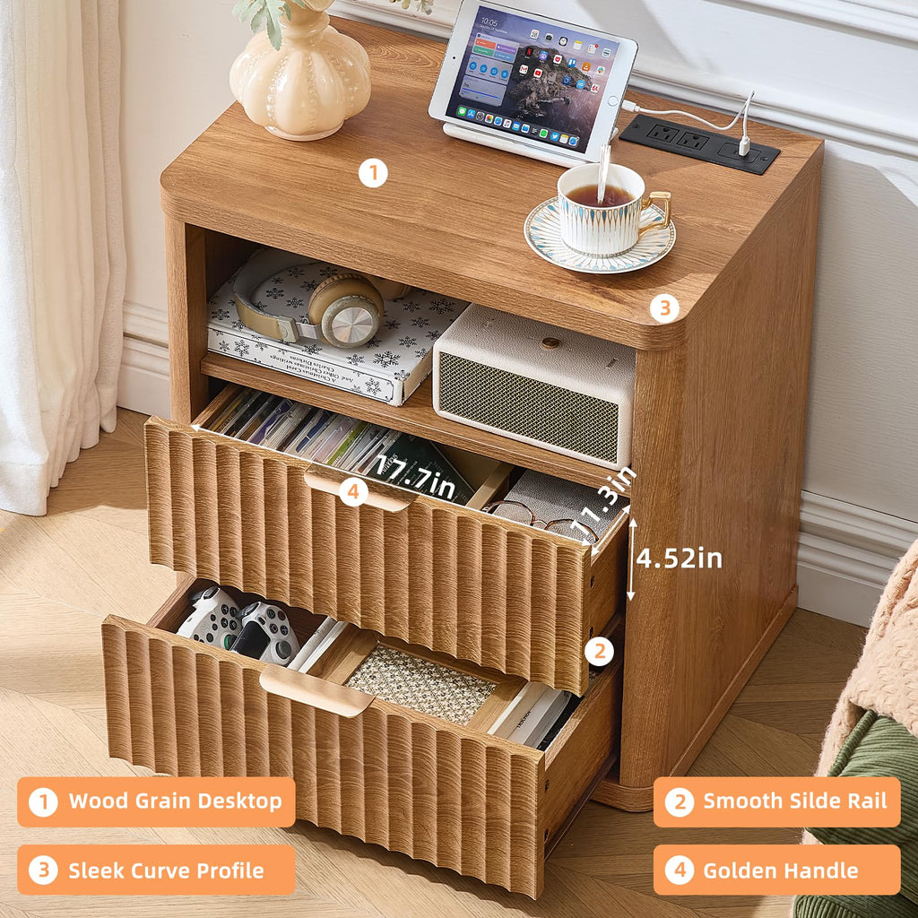 Fluted Farmhouse Nightstand Set of 2 with Charging Station, 23" Wide 2 Drawers End Table, Brown Dresser, Bed Side