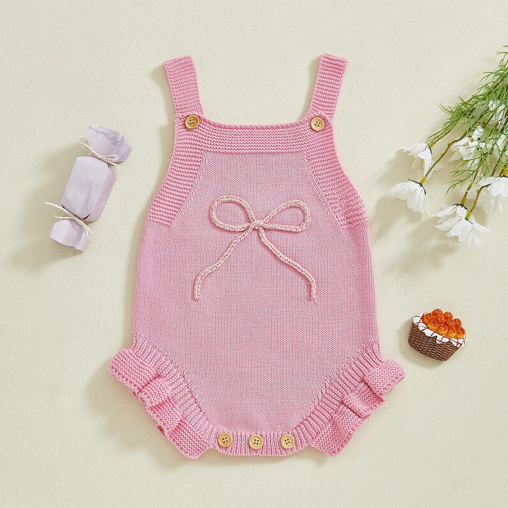 Newborn Baby Girl Clothes Bow Embroidery Romper Sleeveless Knit Romper Jumpsuit Sweater Bodysuit One-Piece Outfit