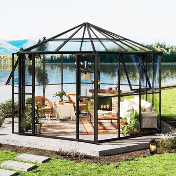 12 x 10 x 8 FT Hexagonal Outdoor Greenhouse | Aluminum Frame with Quick-Connectors, 2 Swing Doors and 2 Vents
