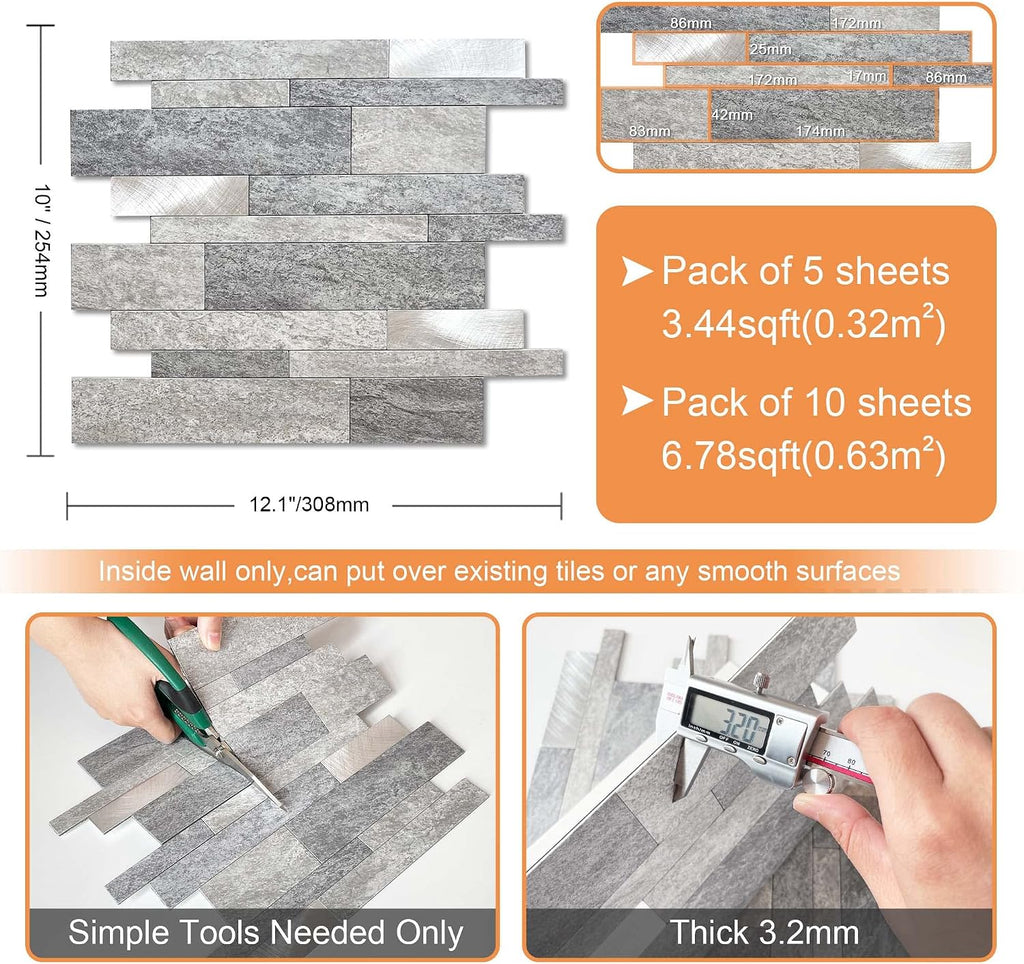Peel and Stick Tile Stone Backsplash Wall(10pcs,Gray)