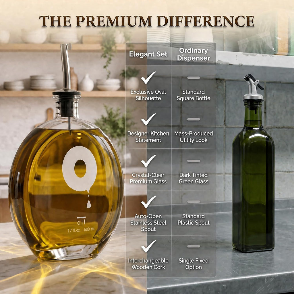 Elegant Oil and Vinegar Dispenser Set - Glass Bottles 17oz/500ml with Corks, Pouring Spouts & Funnel | Modern Olive - Set of 2