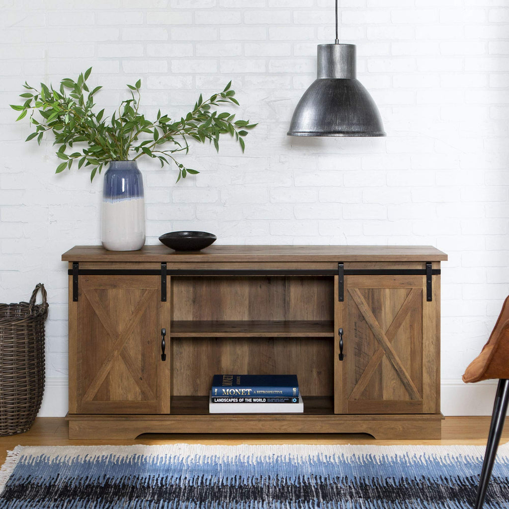 Tucker 58 Inch Sliding Barn Door Television Stand in Rustic Oak