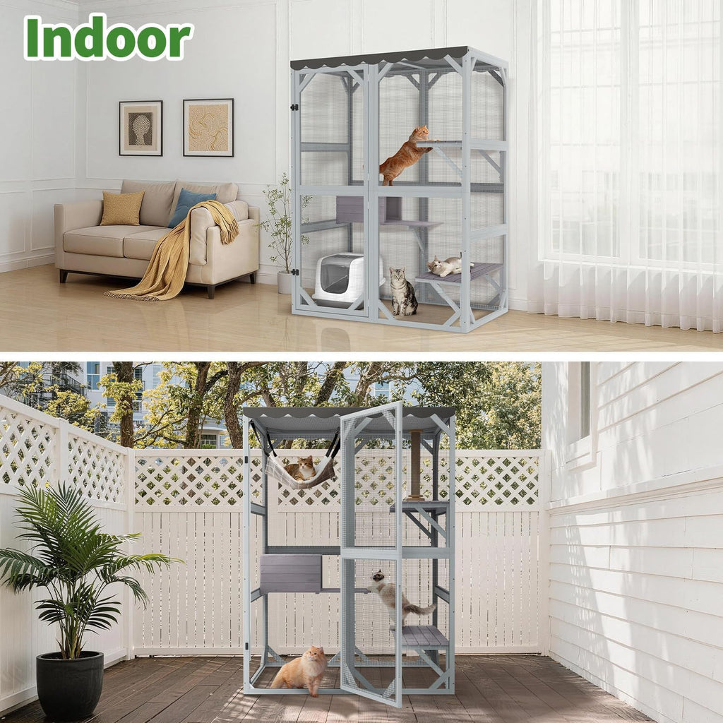 Large Catio Outdoor Cat Enclosure with Weatherproof Roof, 69.3" Walk-in Cat House for Multiple Cats, 3-Tier Wooden