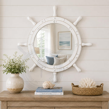 Classic White Santorini Beautiful Nautical Sturdy Large Mirror Ship Wheel | Wall Mounted Mirrors (24 Inches)