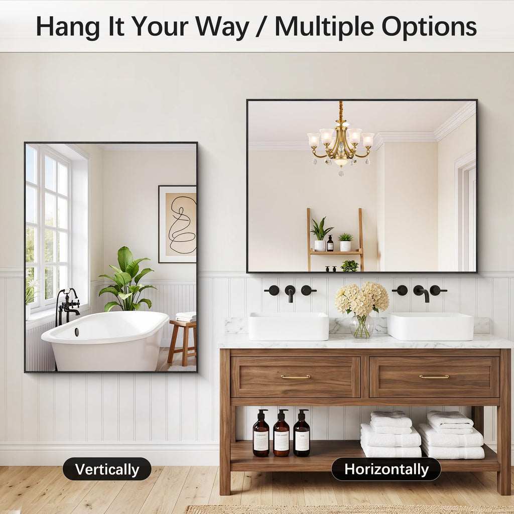 Black Bathroom Mirror for Wall, 36x48 Inch Rectangle Mirrors with Metal Frame, Modern Vanity Wall Mirror Decor Hangs