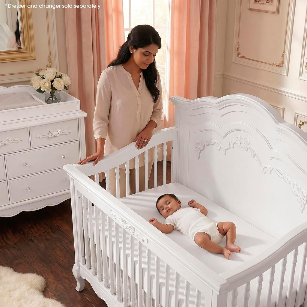 Aurora 5-in-1 Convertible Full Size Baby Crib, Frost White | Wooden Nursery, 3-Position Mattress Support, Converts to