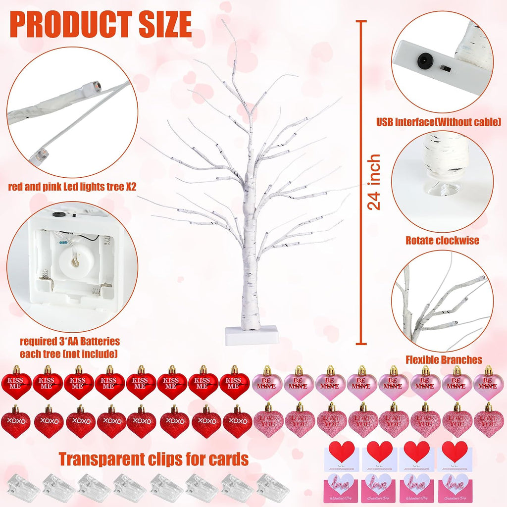 Birch Trees with Heart Ornaments 24'' Artificial Heart Table Tree Valentines Day Decorations with Cards Tree - Set of 2