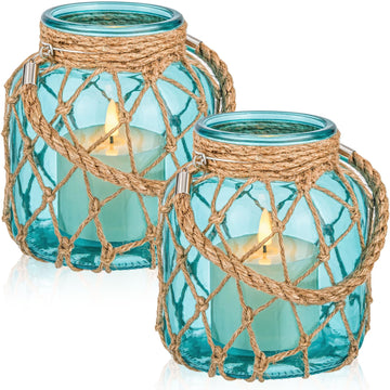 2 Set Nautical Lanterns Rope Handle, Coastal Glass Jar, Blue