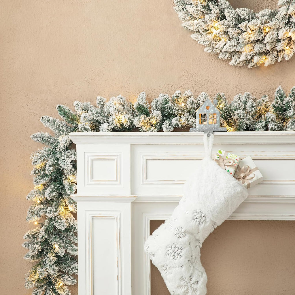 2PCS 9ft Christmas Garlands with Lights, Prelit Snow Flocked Christmas Garlands for Mantle, Fireplace, Windows, Front