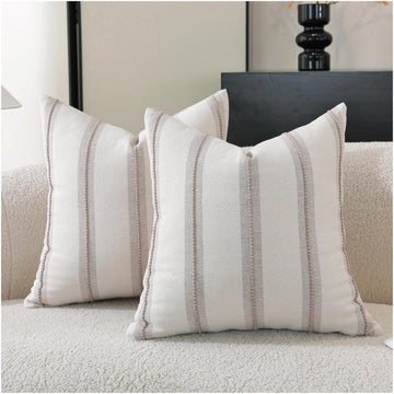 Boho Throw Pillow Covers 18x18 Set of 2, Taupe Striped Decorative Pillow Cases for Couch Chair Bed, Textured