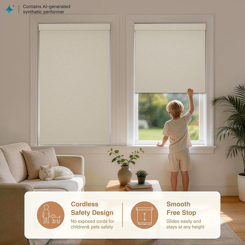 No Drill Cordless Blackout Roller Shades, Linen, | Thermal Insulation, UV Privacy Protection, Easy Install Fabric