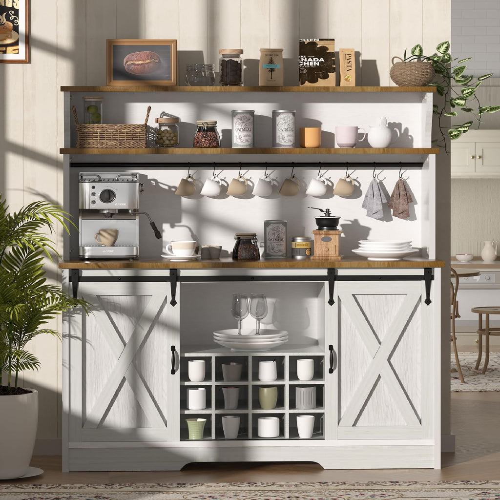 55'' Farmhouse Coffee Bar Cabinet with 3 Tier Storage Hutch, Coffee Bar Station with Sliding Barn Door, Hutch Storage