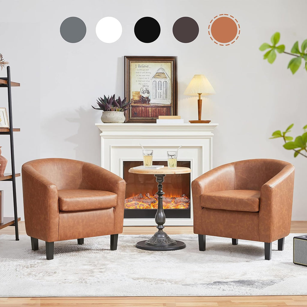 Accent Chairs, Faux Leather Barrel Armchairs Brown - Set of 2