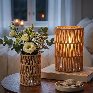 Rattan Candle Lantern Set of 2, Handwoven Boho Lanterns Decorative