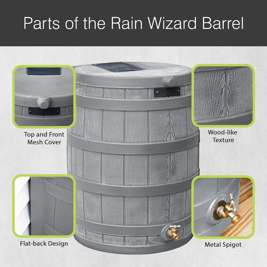 Rain Wizard Water Collection Barrel, 50 Gallon, Gray | Faux Wood Design - Plastic Outdoor Home Rain Barrel, Rainwater