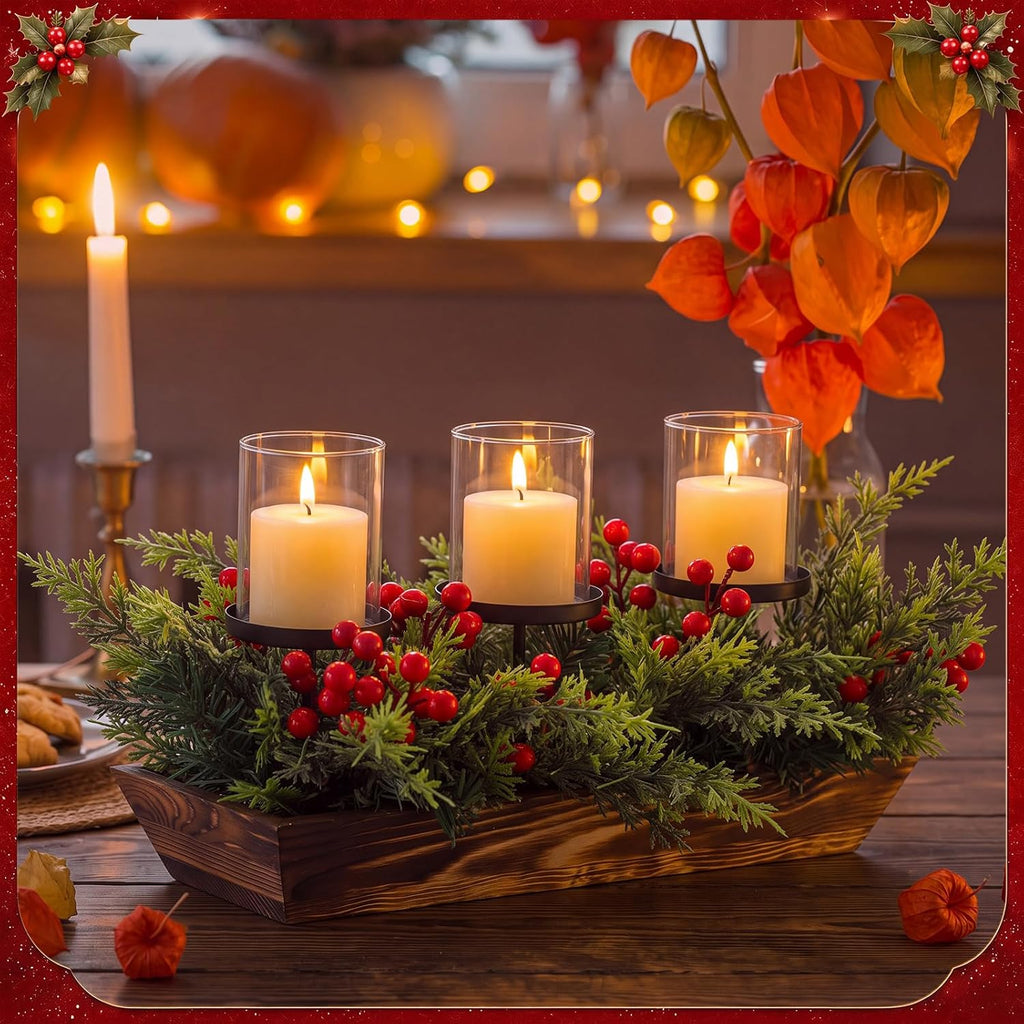 3 Pillar Christmas Candle Holder Centerpiece Norfolk Pine Decor