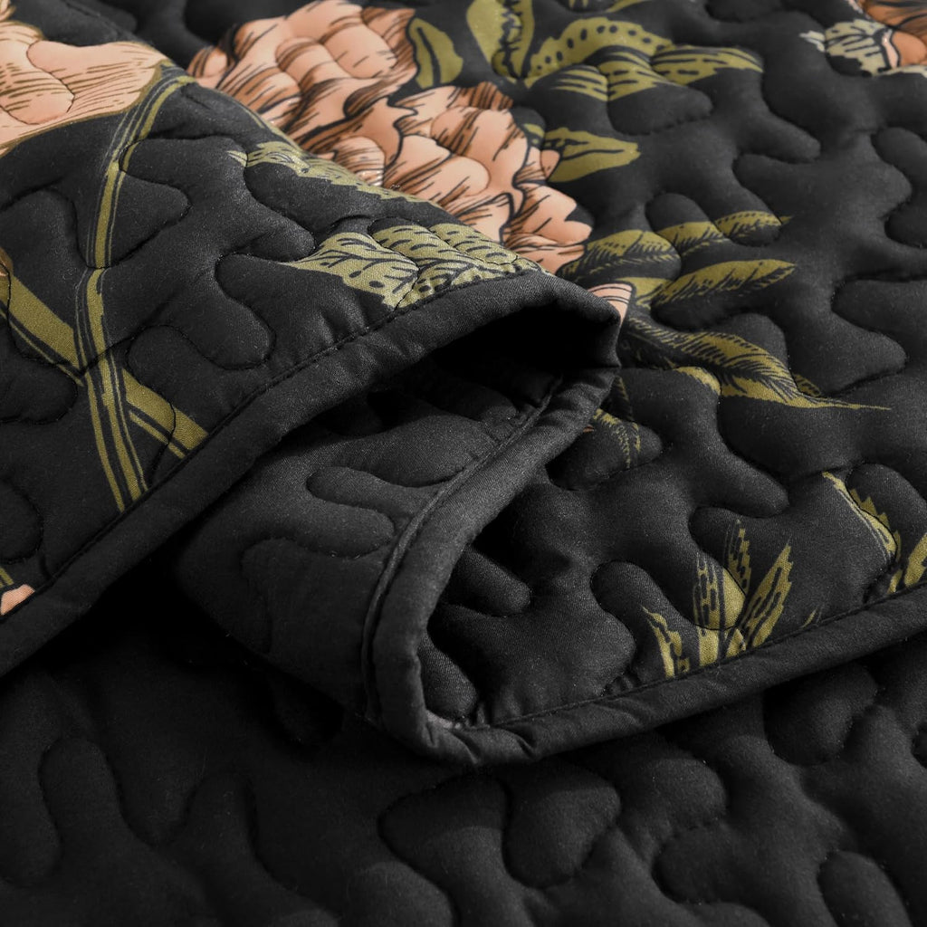 Floral Black Quilt Queen - 3 Pieces Botanical Birds Pattern Quilt Bedding, Lightweight Soft Coverlet for All Seasons