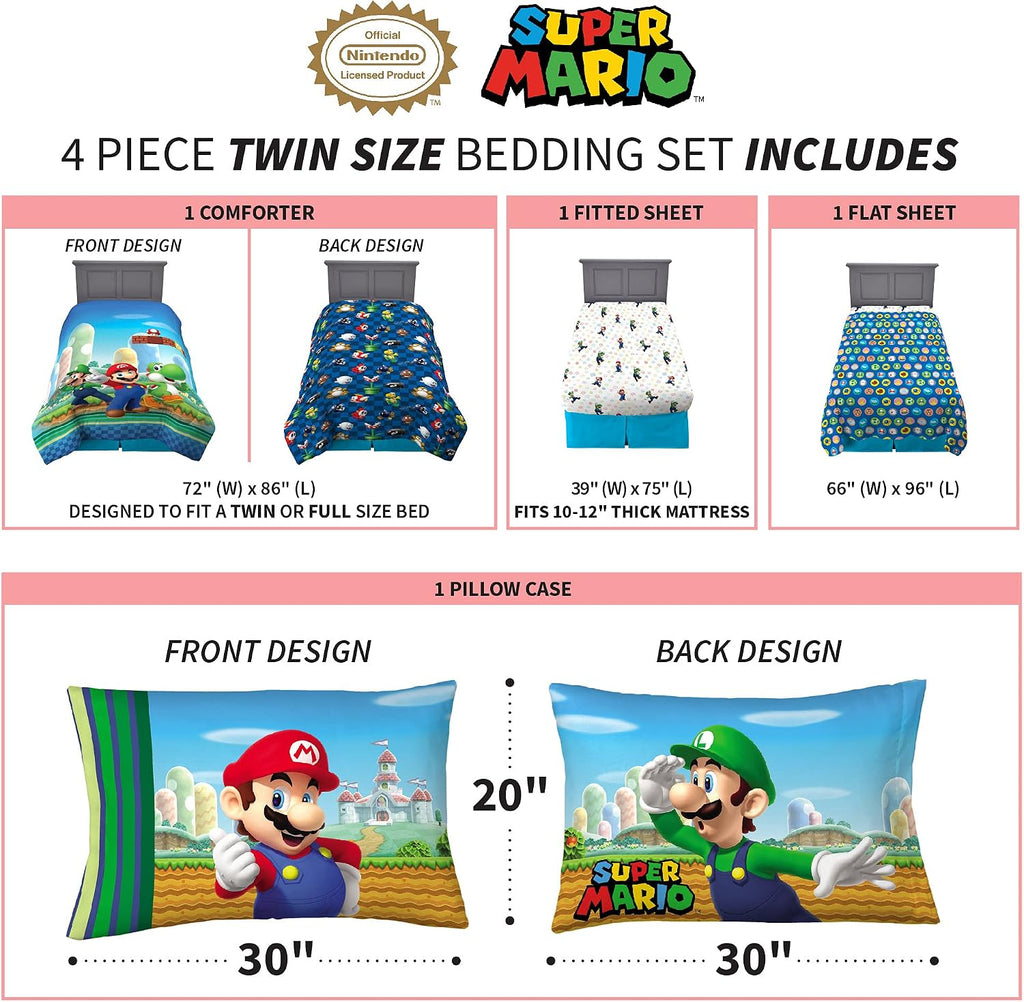 Super Mario Kids Twin Bedding, 4 Piece Super Soft Cozy Reversible Comforter and Sheet Set, (Officially Licensed Product)