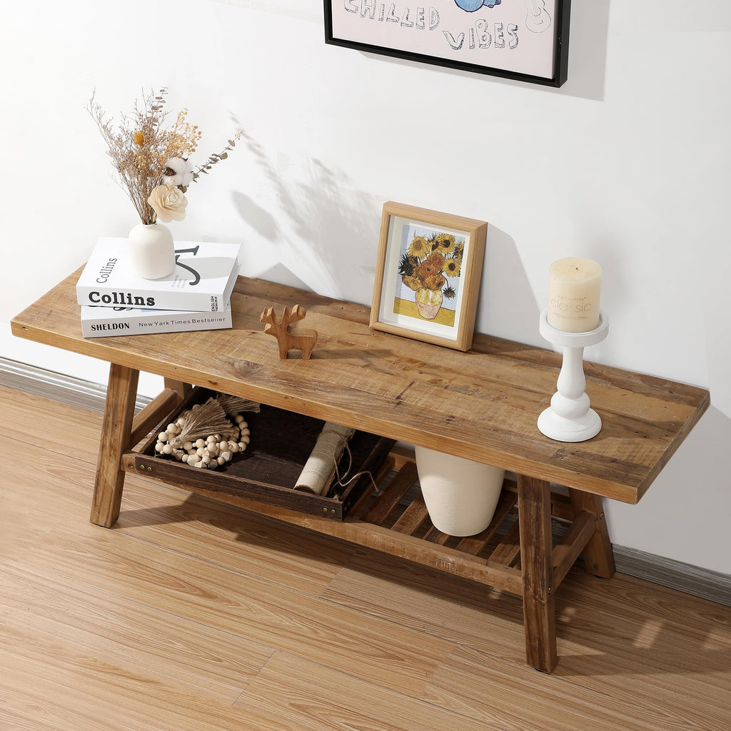 Reclaimed Solid Wood Bench-43.3" Entryway Bench with Storage Shelf
