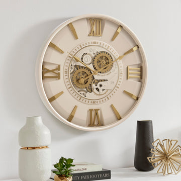 Mid Century Modern 24 Inch Moving Gear Walll Clock, Ivory &Gold