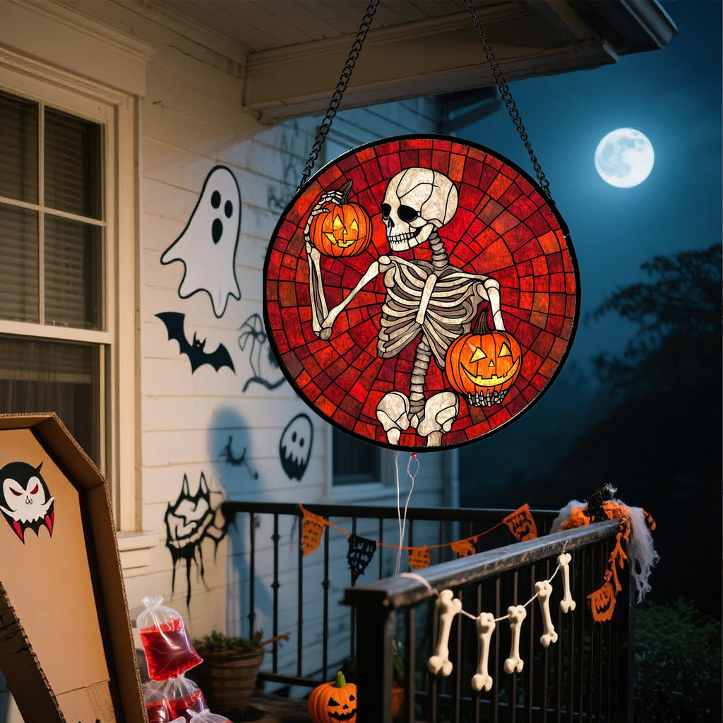 Skeleton with Pumpkins Stained Glass Window Hanging Suncatcher Gifts 6.3"