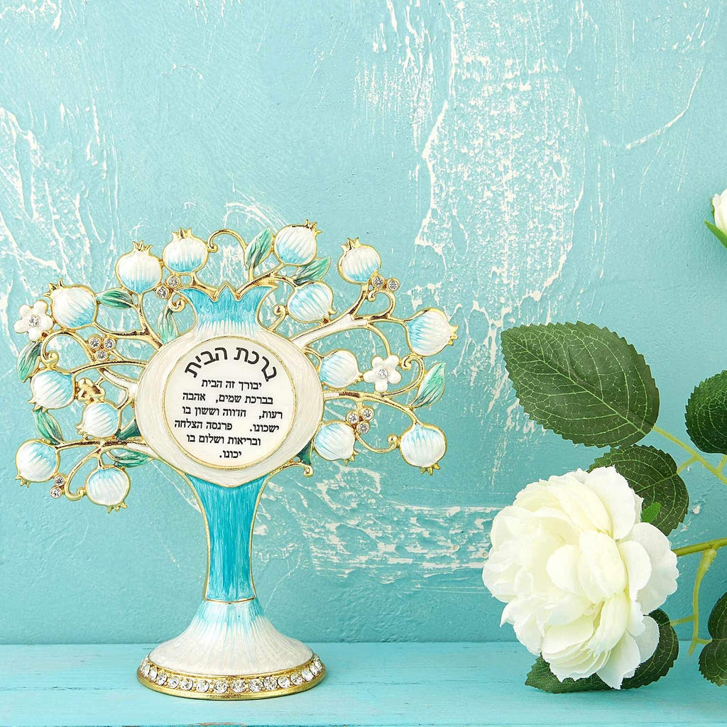 Hebrew Judaica Tree Shaped Home Blessing Standing Ornament w/Crystals (Pewter) Jewish Home Decor, Living, Family Room