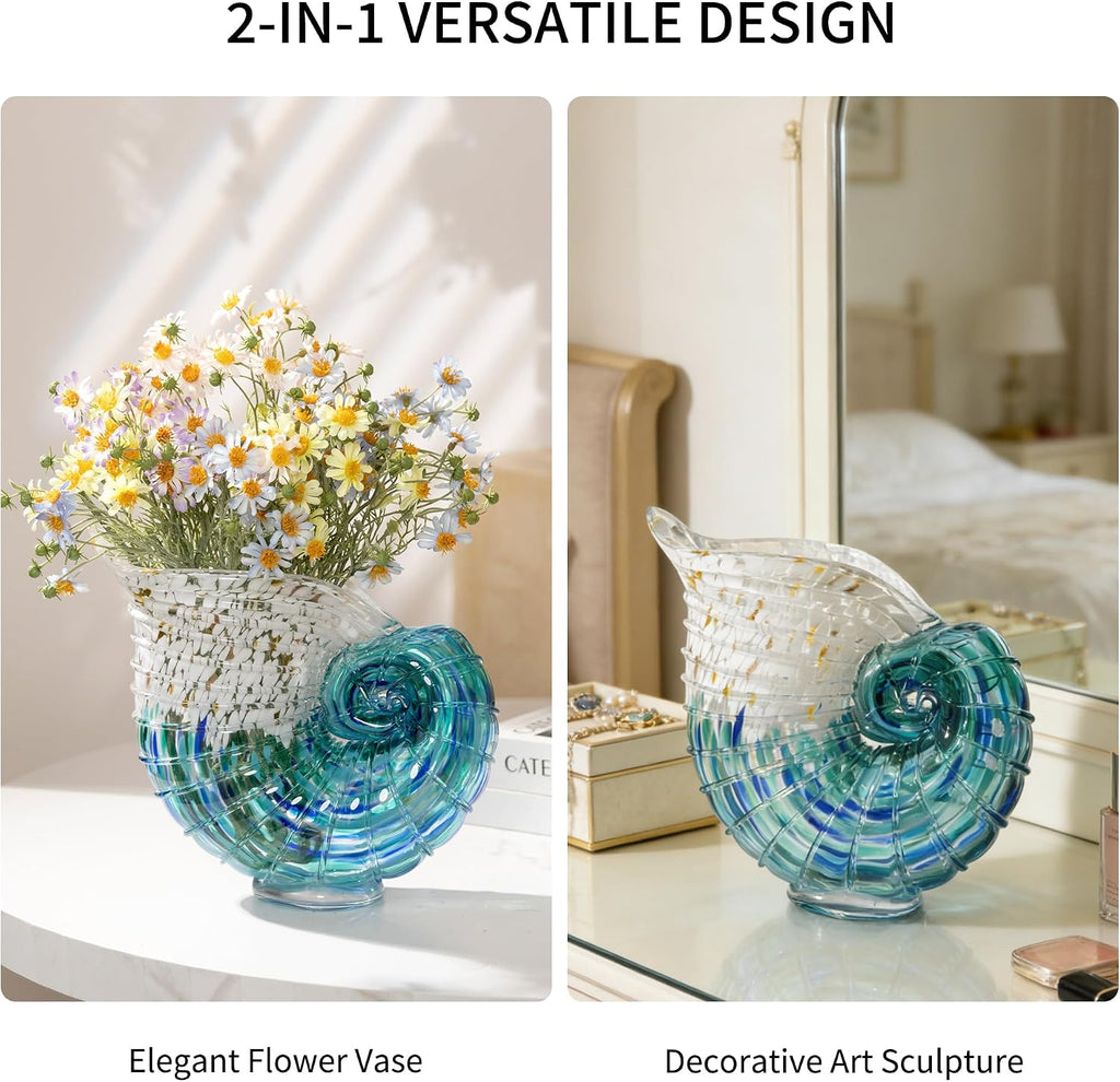 Hand Blown Glass Conch Shell Vase & Statue - Dual-Purpose Ocean Flower Vase