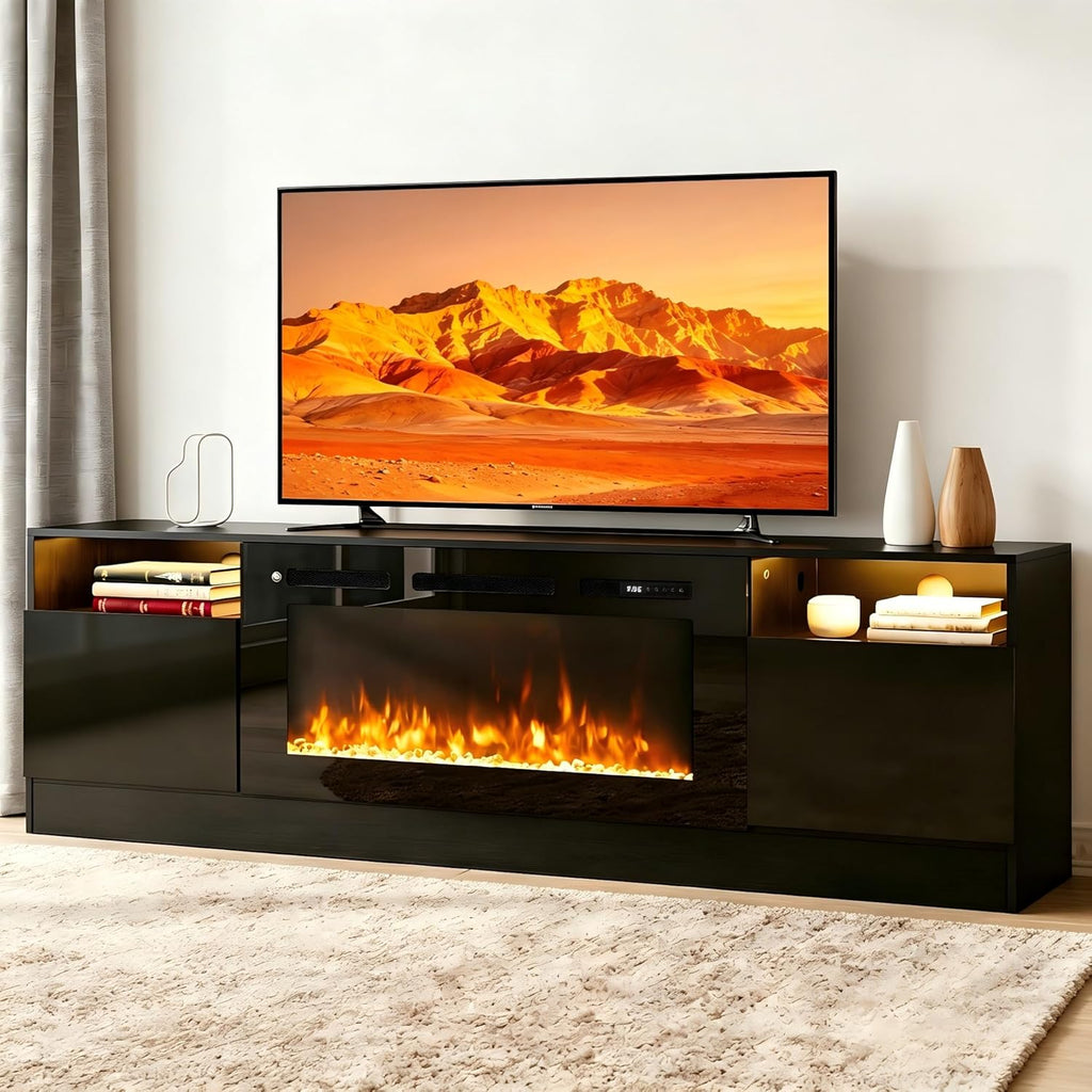 80" Fireplace TV Stand for TVs Up to 90", LED Light Entertainment Center with 36" Electric Fireplace, Modern Wood