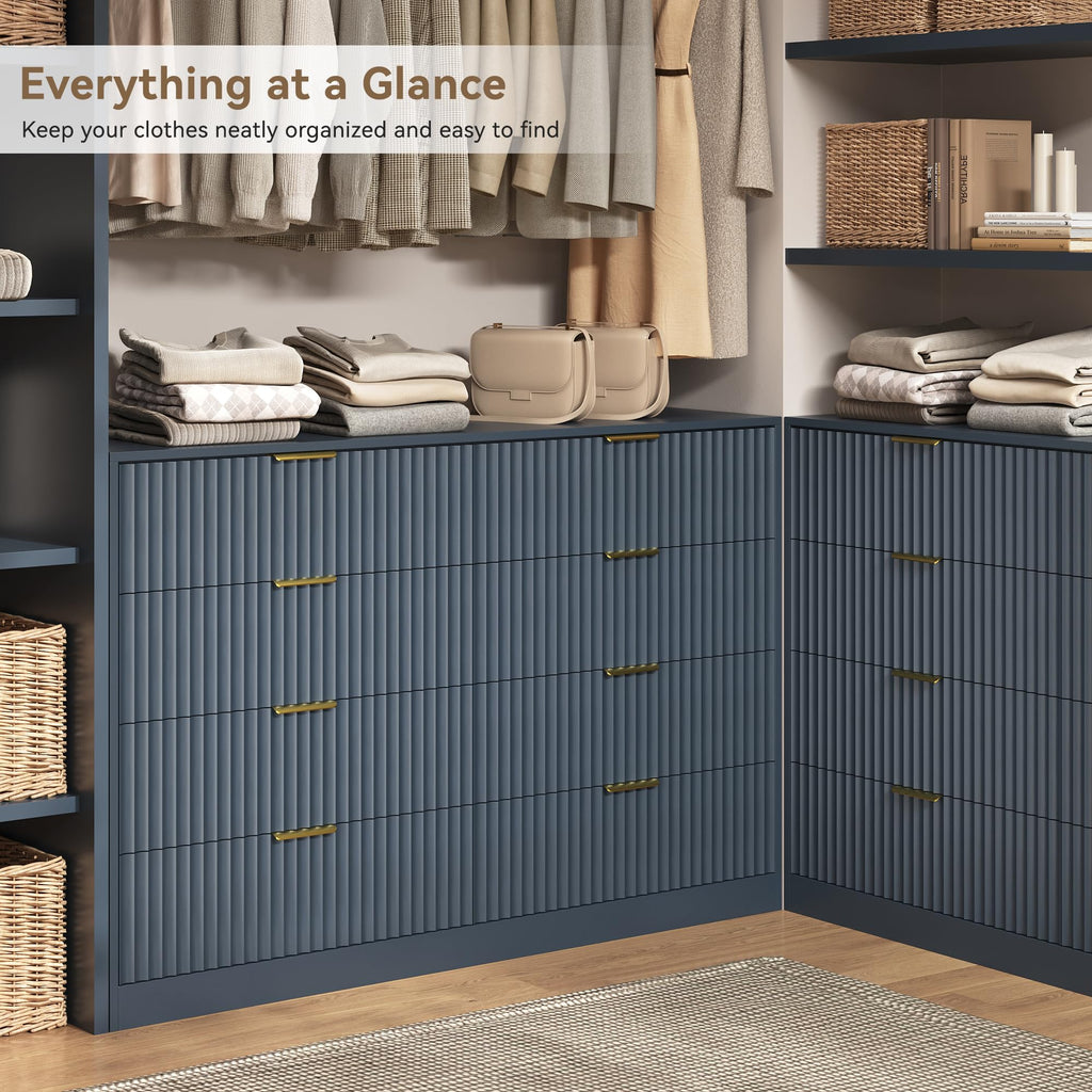 Navy Blue 8 Drawer Dresser, 55" Wide Fluted Chest of Drawers with Gold Metal Handles, Modern Wooden Dresser, Closet